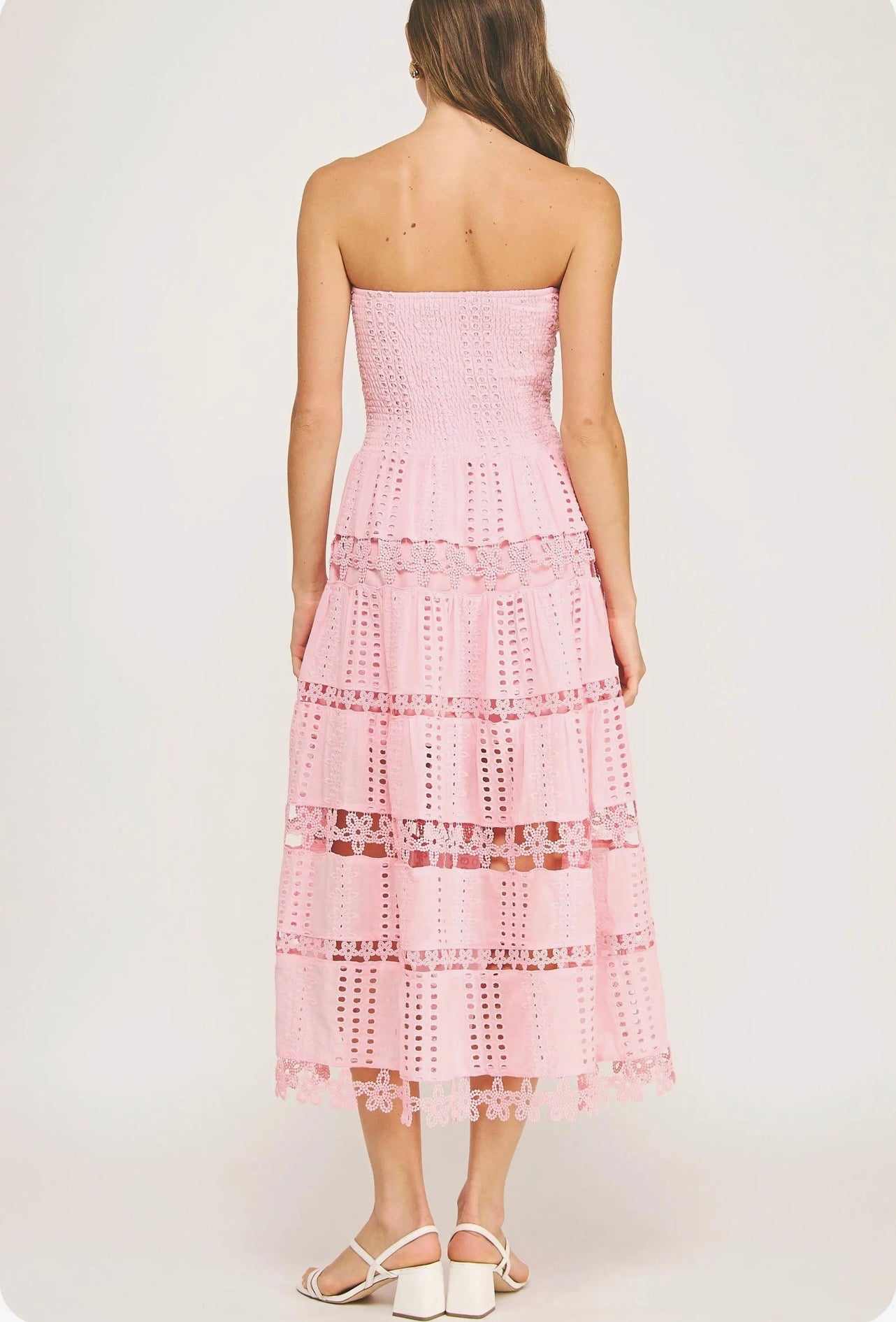 Pink Eyelet Lace Strapless Midi Dress