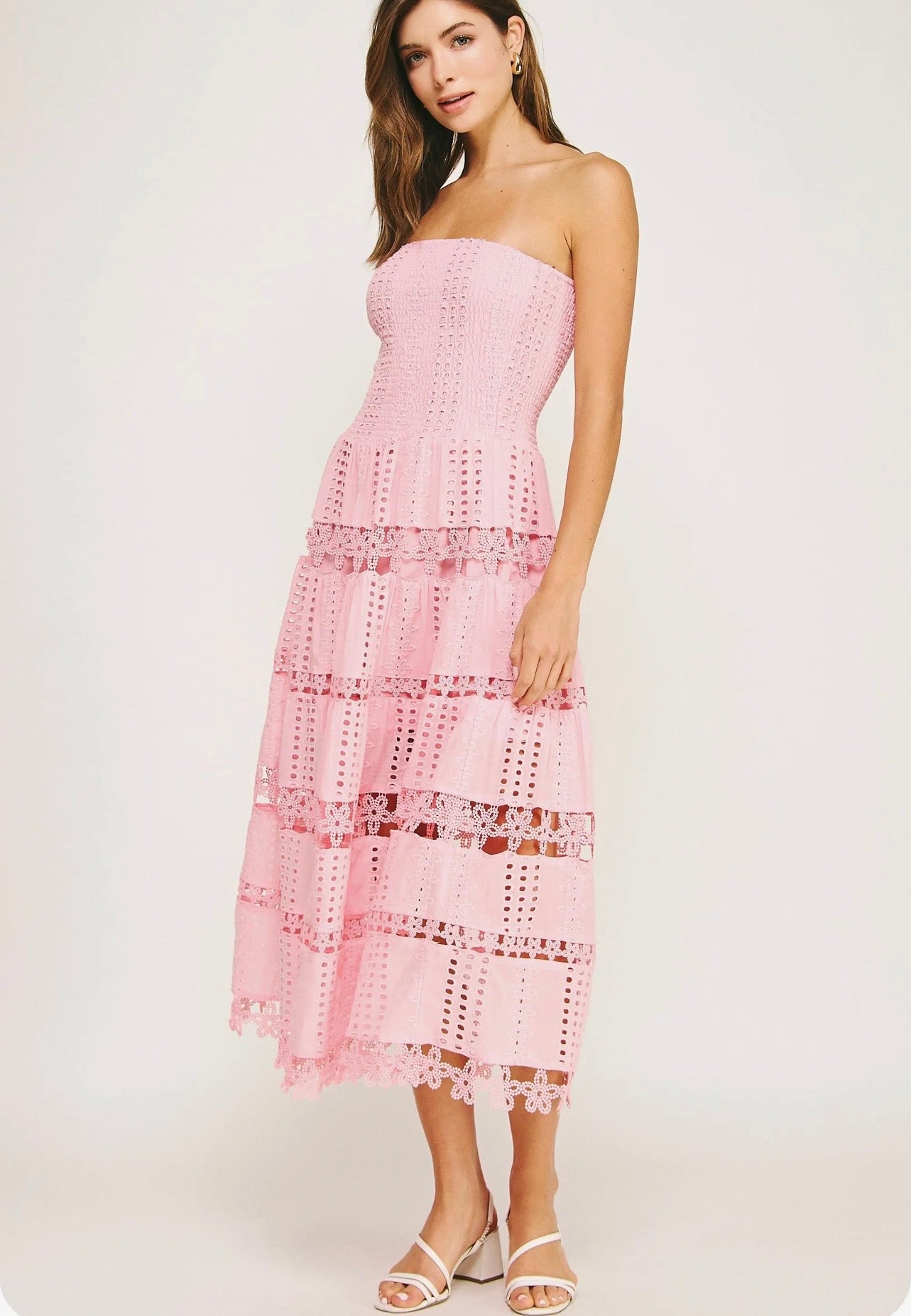 Pink Eyelet Lace Strapless Midi Dress
